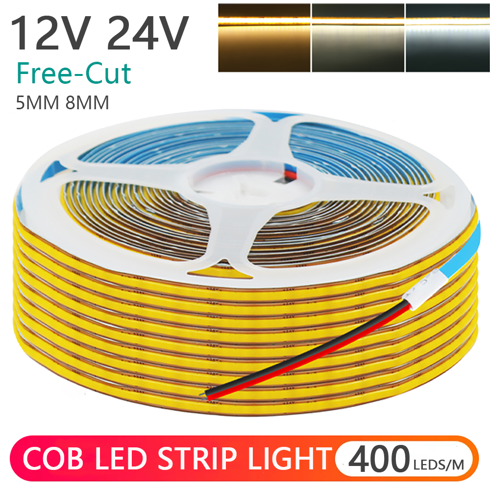 5 мм 8 мм PCB COB Светодиодная лента 12 В 24 В свободного выреза 400 светодиодов/м Гибкая лента высокой плотности 2PIN Провод Домашний декор Теплый натуральный белый