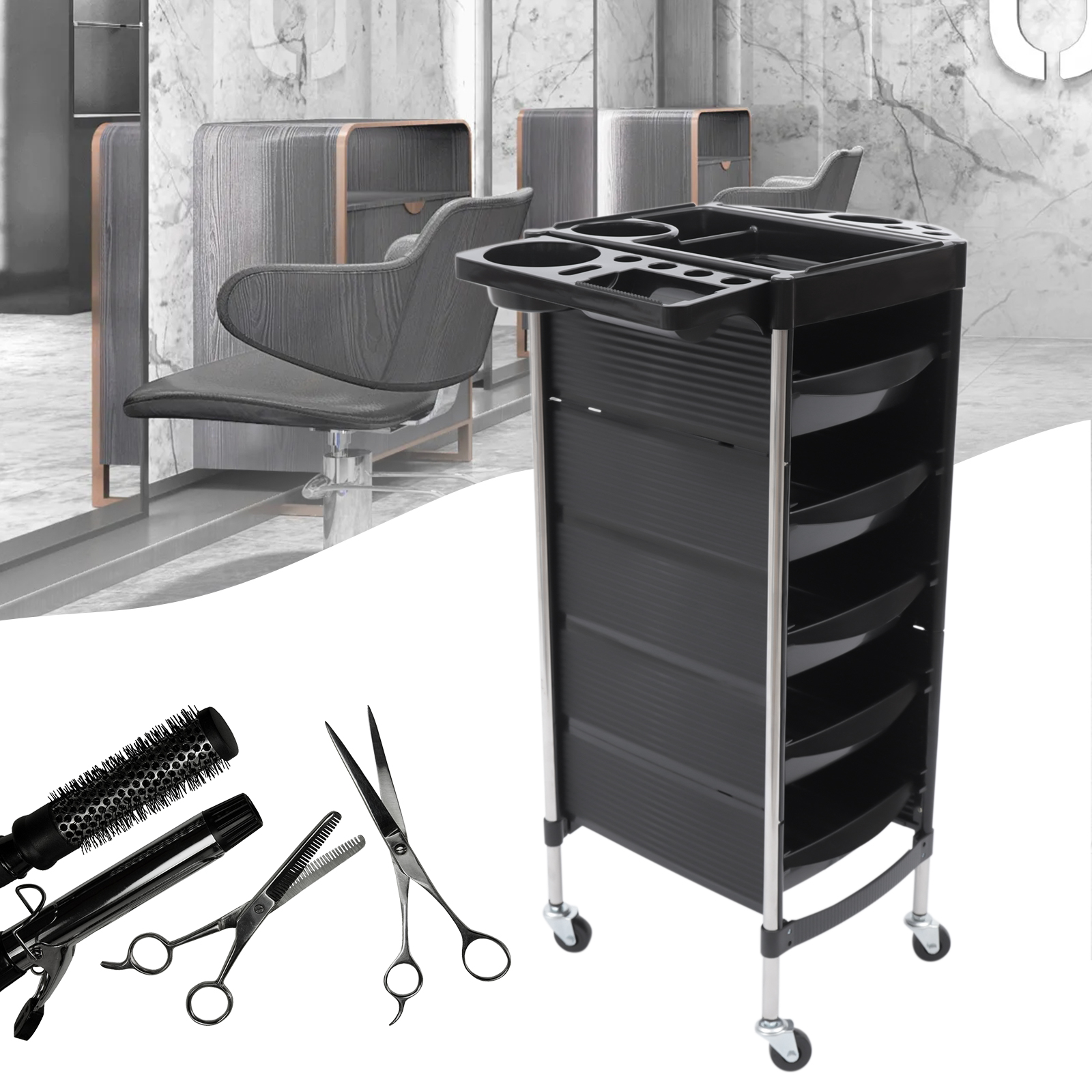 Chariot de Coiffure Rectangulaire Noir pour Coiffeur, Capacité de Charge Maximale 8kg, 52,5x37x90cm