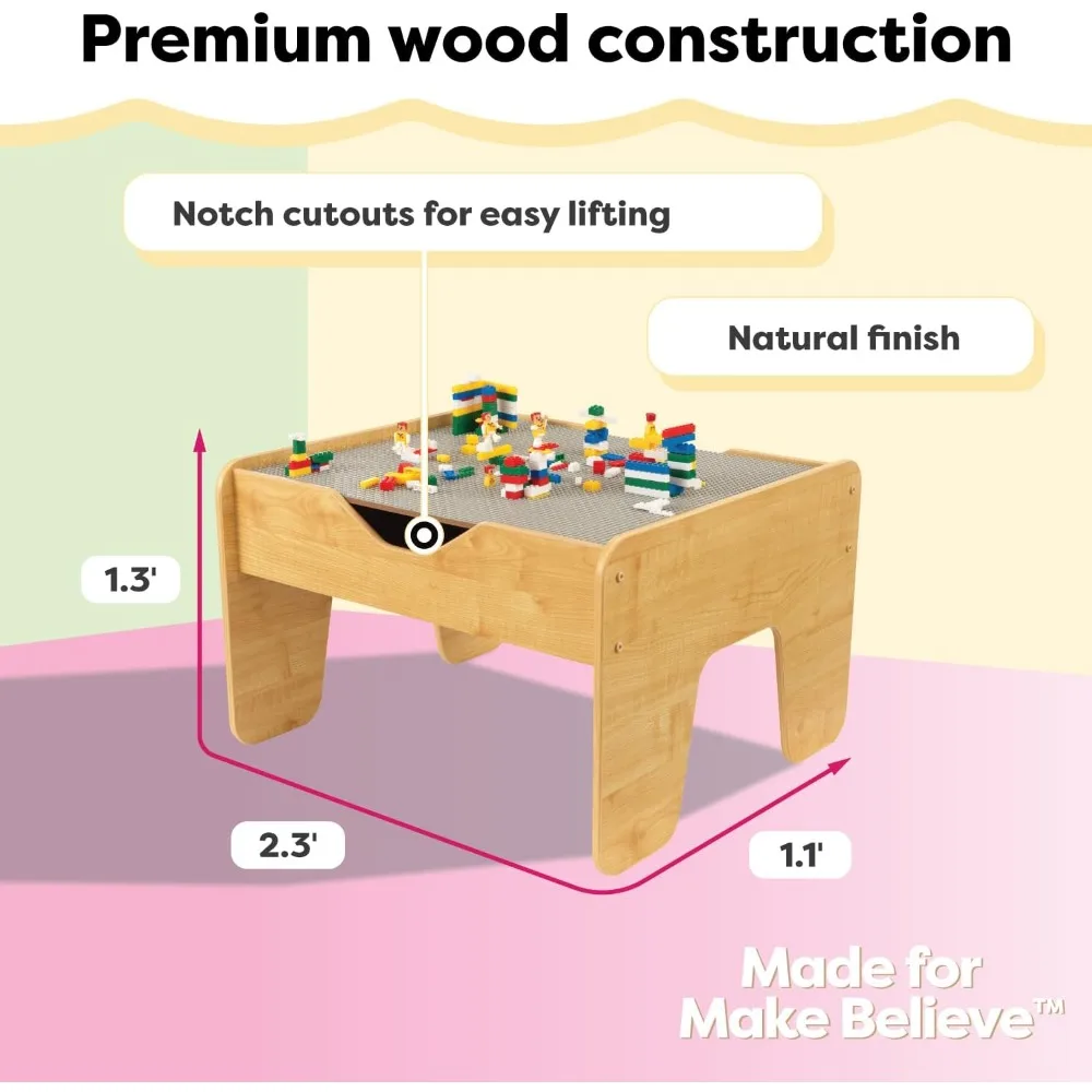 KidKraft Reversible Wooden Activity Table with Board with 195 Building Bricks – Gray & Natural, Gift for Ages 3+