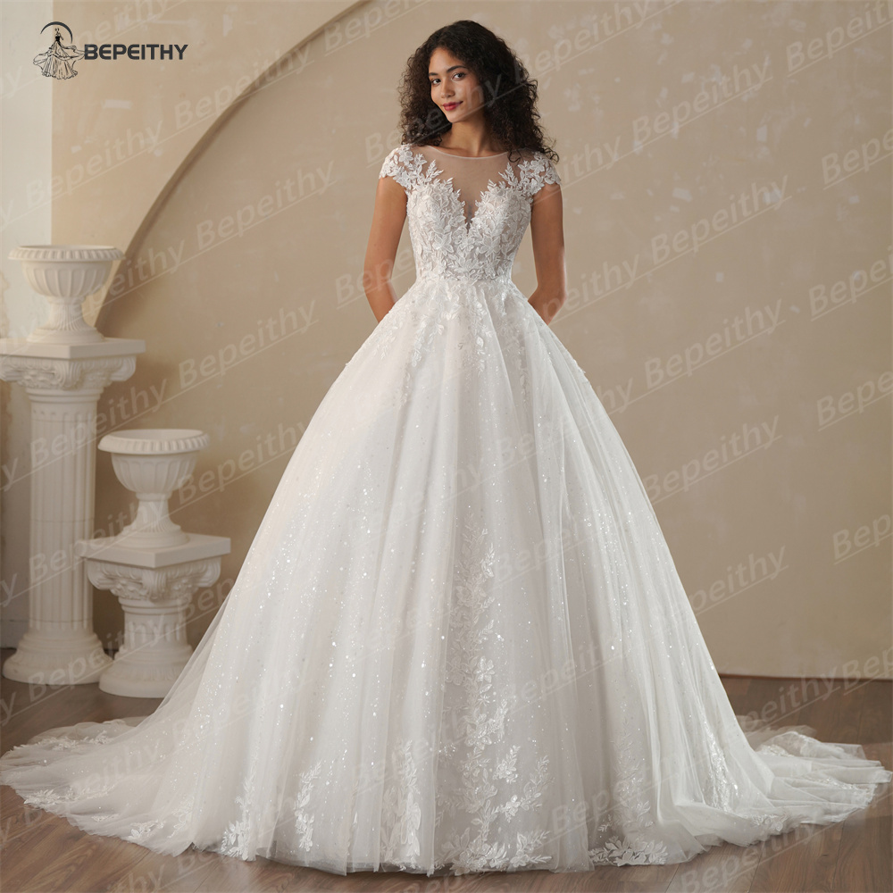 BEPEITHY Customized Cap Sleeves Bride Ivory Wedding Dresses For Women 2025 Court Train Lace Glitter Sexy Backless Bridal Gown