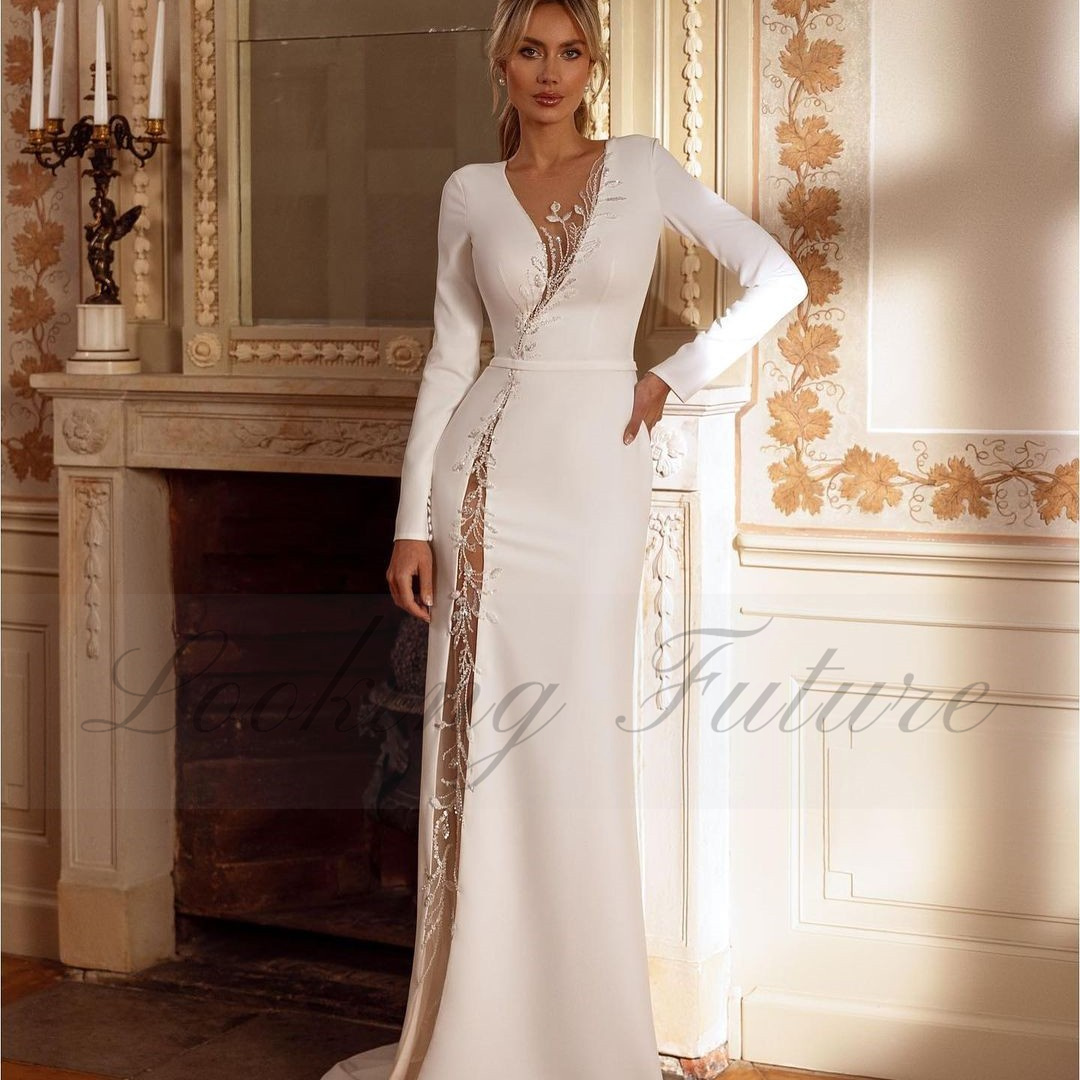 Morden Lace Beading Satin Full Sleeve Wedding Long Dresses For Woman Shiny Tassel Side Splt Button Open Back Vestidos Customized