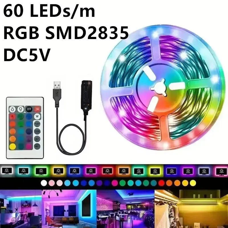 Tira de luces LED RGB 2835 de 5V, cinta Flexible de 60 LED, Control remoto de 24 teclas para decoración de fiestas, ordenador de casa, retroiluminación de PC
