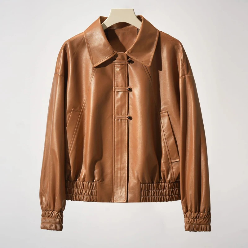 Damen Echt lederjacke neue Mode Knopf lose Langarm weibliche elastische Taille lässig Schaffell Jacke Mäntel Tops