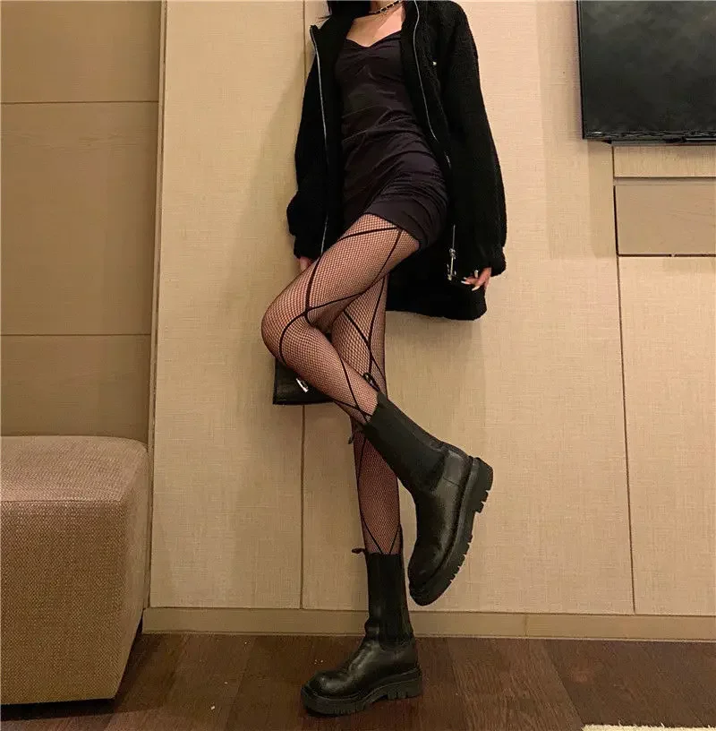 Phong Cách Nhật Bản Nữ Thun Mùa Hè Nylon In Thả Nuôi Gợi Cảm Gothic Đàn Hồi Thông Minh Liền Mạch Fishnet Lưới Quần Cao Sock