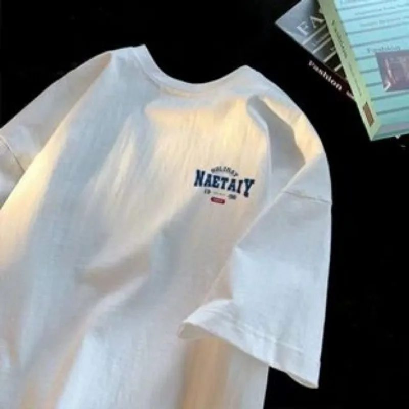 8XL hombres de gran tamaño moda suelta americana Vintage letra NAET estampado manga corta cuello redondo versátil tendencia pareja traje