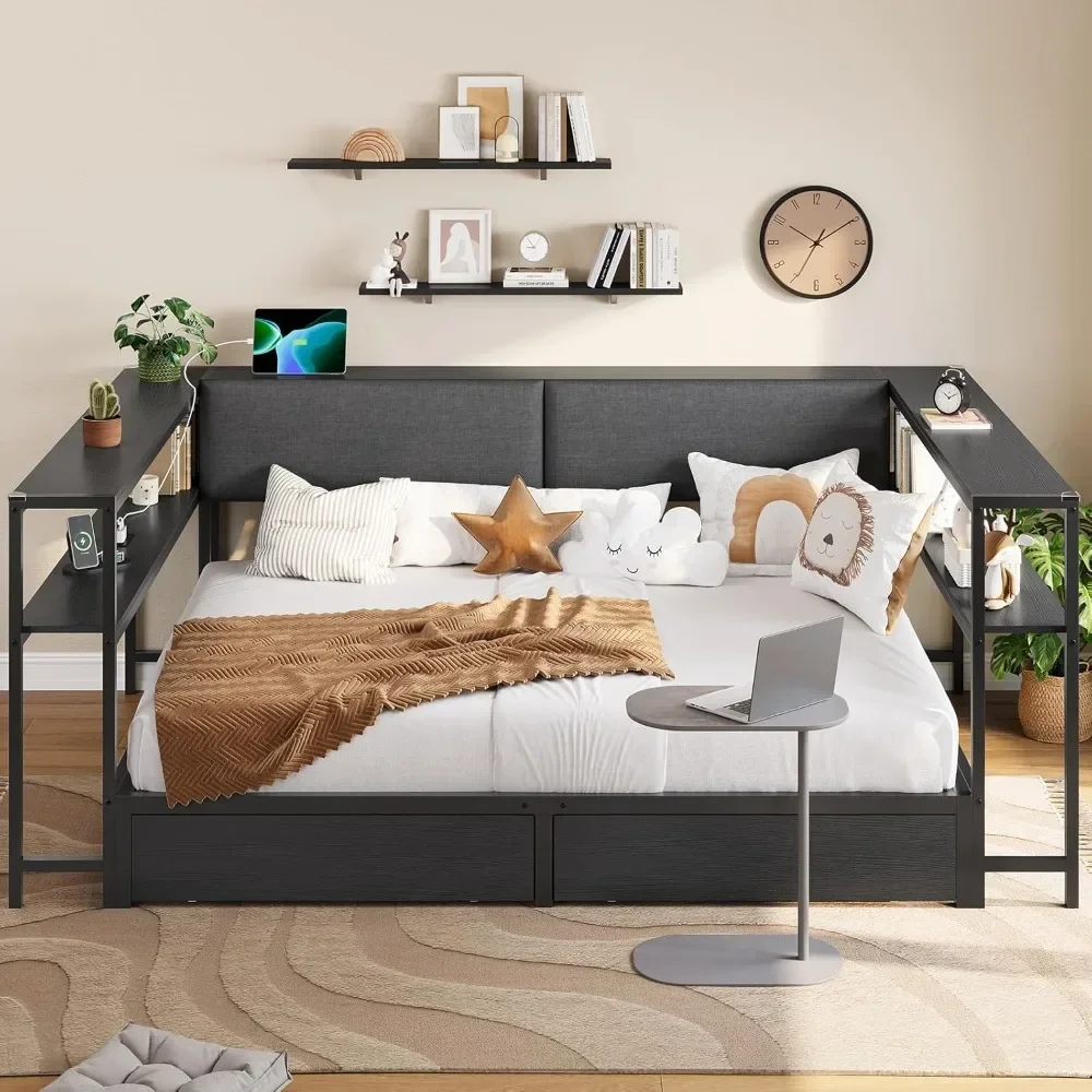 Corner Full Bed Frame with 2 Drawers and Hidden Storage Space Full Size Daybeds with Charging Station, Metal Platform Beds