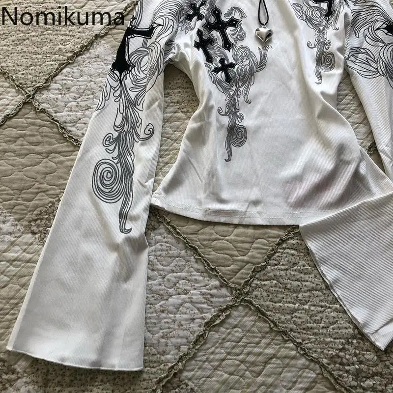 フレアスリーブプリント女性 Tシャツスラッシュネック白 Tシャツ気質 Camisetas 2024 Ropa Mujer ヴィンテージセクシーな Y2k Tシャツトップス