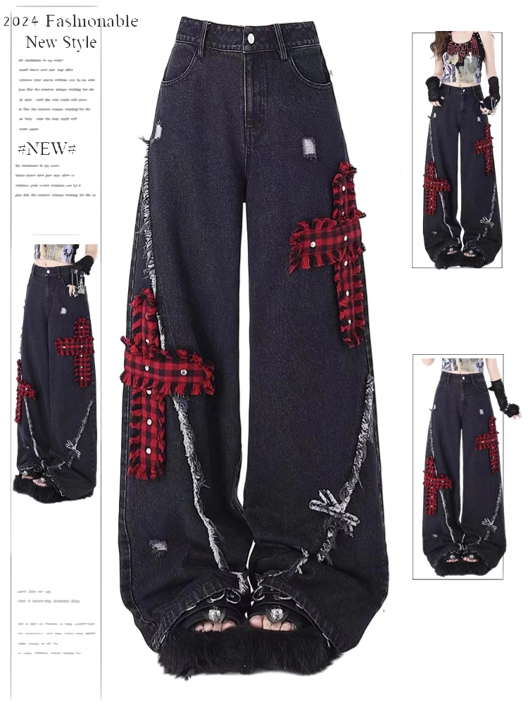 Damen Schwarz Gothic Baggy Y2k Jeans Vintage Streetwear Cowboy Hose Harajuku Denim Hose Ästhetische Emo Trashy 2000er Jahre Kleidung