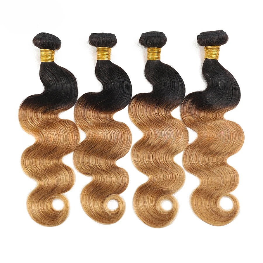 オンブル色実体波人毛バンドル 100 グラム/PC 10-26 インチダブル横糸ヘアエクステンションハイライトハニーブロンド生インドの髪