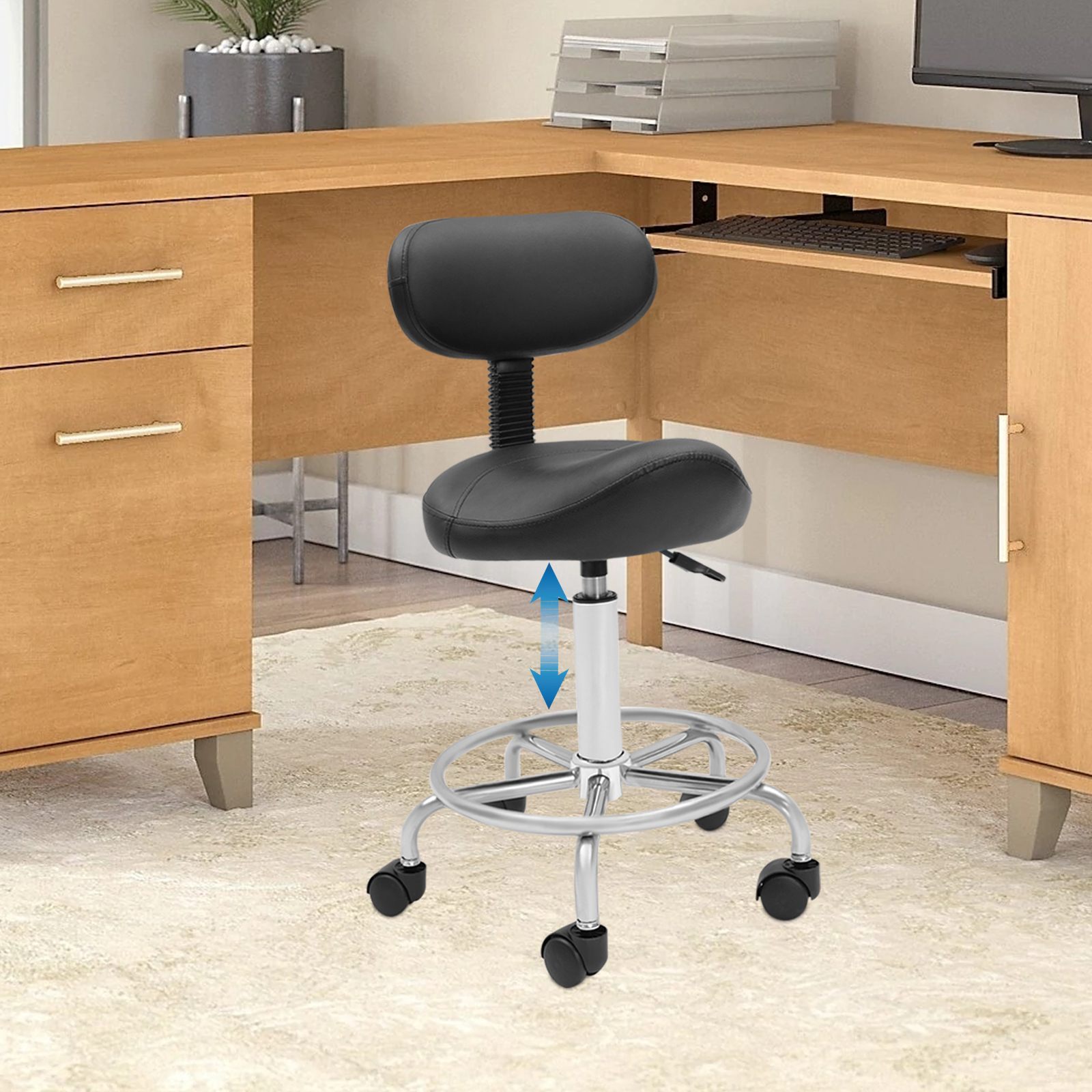 Sattelhocker mit Rückenstütze, hebender Sattelhocker für Büro, Spa, ergonomisch verstellbarer rollender Sattelhocker, Stuhl mit Rollen