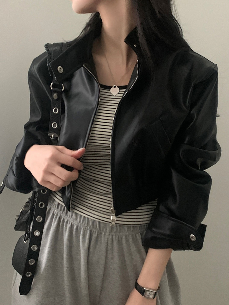 ブラック Pu レザージャケット女性のショートスタイル香港スタイルデザイン春の新アウターシャツウエストシンチジッパースリーブ
