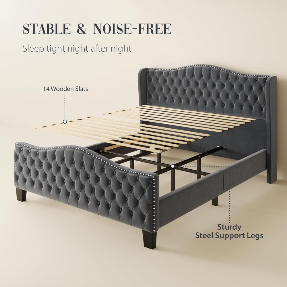King Size Bed Frame with Tall Headboard Upholstered Bed Frame King Platform Bed Luxury Wingback Headback No Box Spring Needed, M