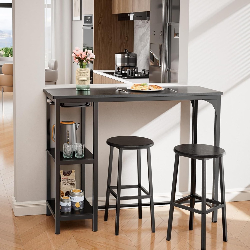 Juego de mesa alta para bar con 2 taburetes – Mesa alta para cocina o salón con 2 estantes y soporte para botellas de vino (negro)