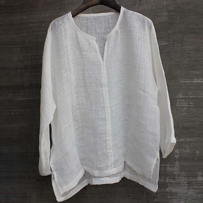 Mới Áo Sơ Mi Linen Nam Ngắn Thoáng Khí Thoải Mái Màu Trơn Dài Tay Rời Bông Tai Kẹp Cổ Áo Hawaii Áo Sơ Mi