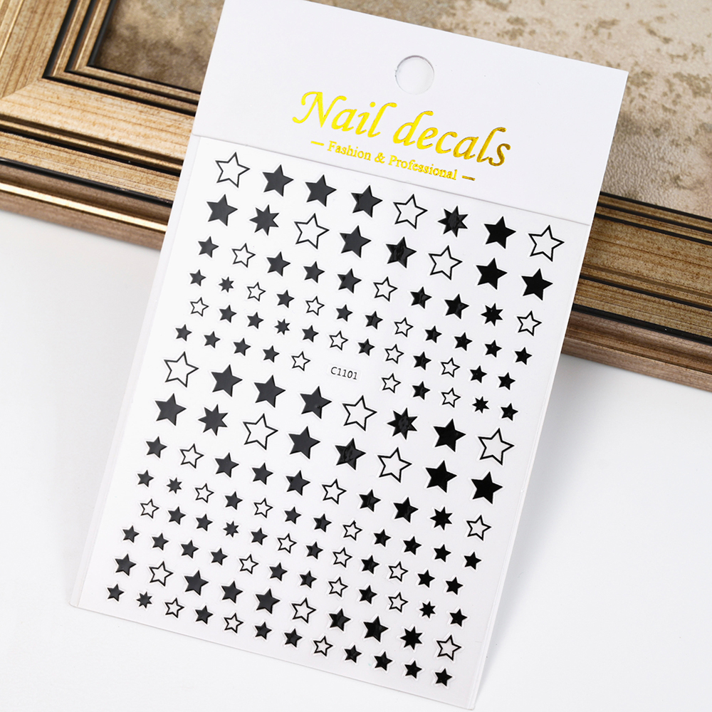 Black White Star 3D Nail Art Sticker Y2K Pentagram Self-Adhesive Decals Laser Shiny Glitters Starlight Manicure Ornaments Slider