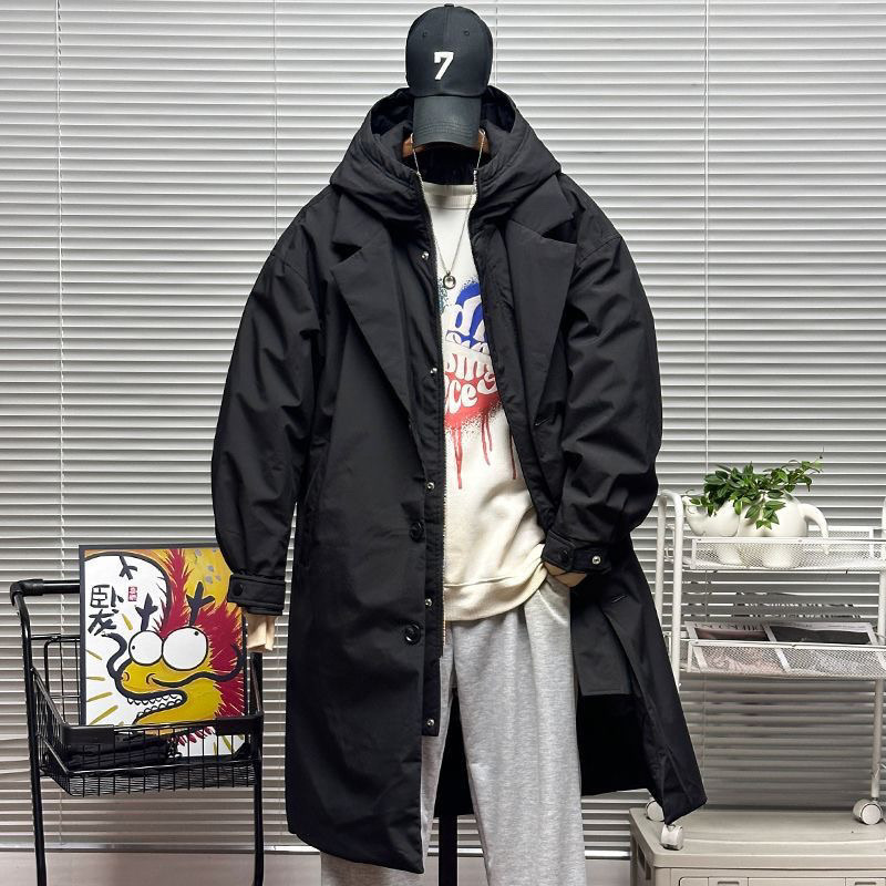 Casaco masculino de comprimento médio inverno com capuz novo duas peças estilo coreano blusão quente engrossar roupas de algodão casaco