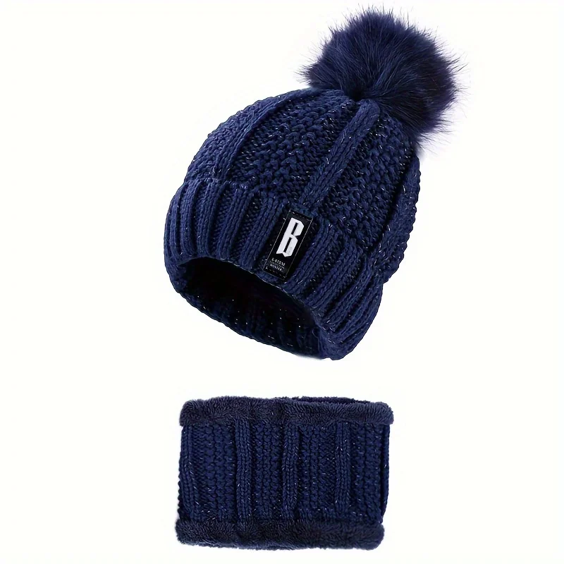 1Set winter warm knit hat set Winter hat thick plush windproof cold casual