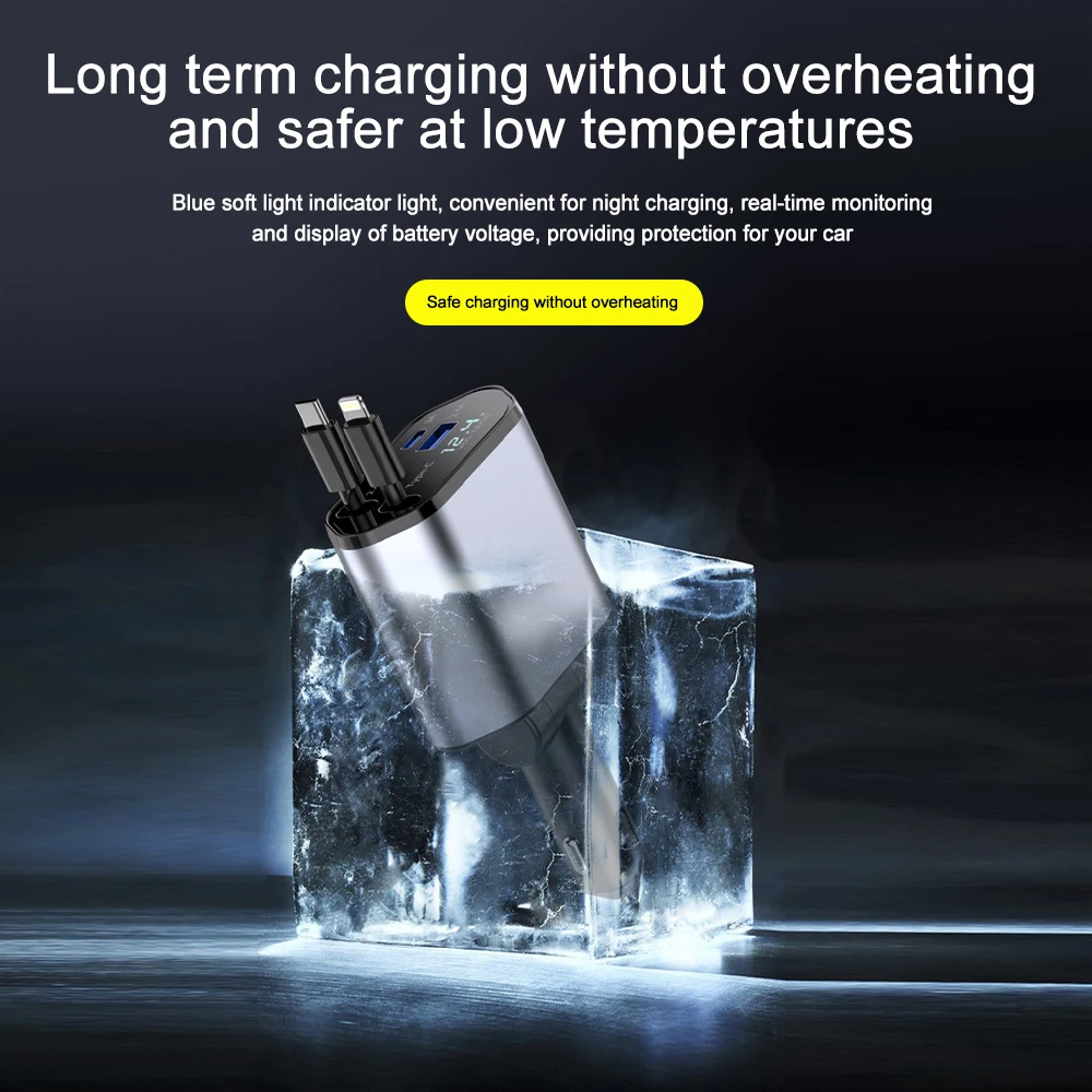 Car Charger Adaptor 120W Fast Charge USB Type C Fast Charger Cable with Retractable Cords Fit for iPhone 16/15/14/13/12 Samsung
