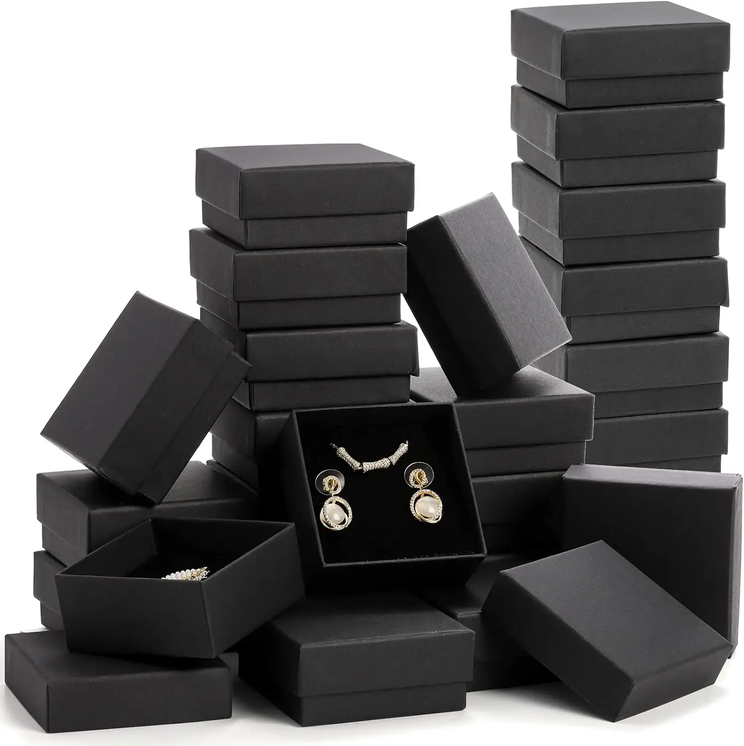 32 pces-7x7x2.5cm preto kraft jóias caixa de presente cartão anel colar brinco embalagem organizador caixas caso com esponja dentro