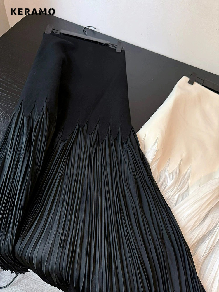 Falda larga de gasa con pliegues para mujer, falda ajustada de cintura alta, color negro, suave, Estilo Vintage, verano, 2024