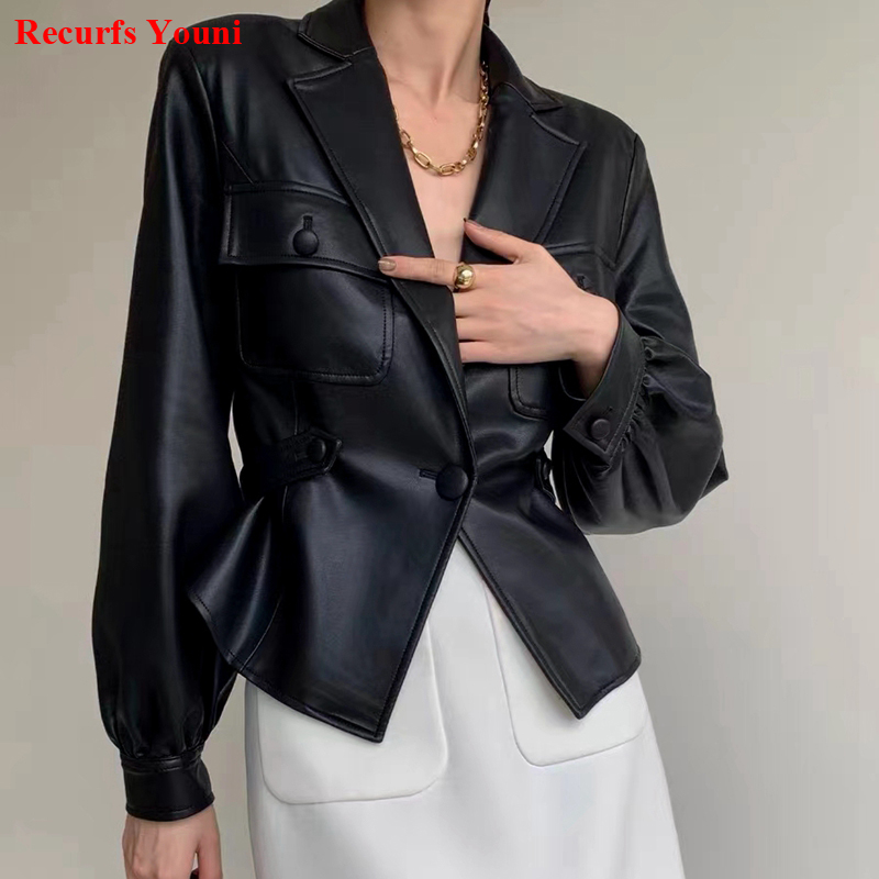 女性のための薄い革のジャケット,襟,ボタン1つ,スリムなウエストのデザイン,ポケット,フェミニンなコート,春,2023
