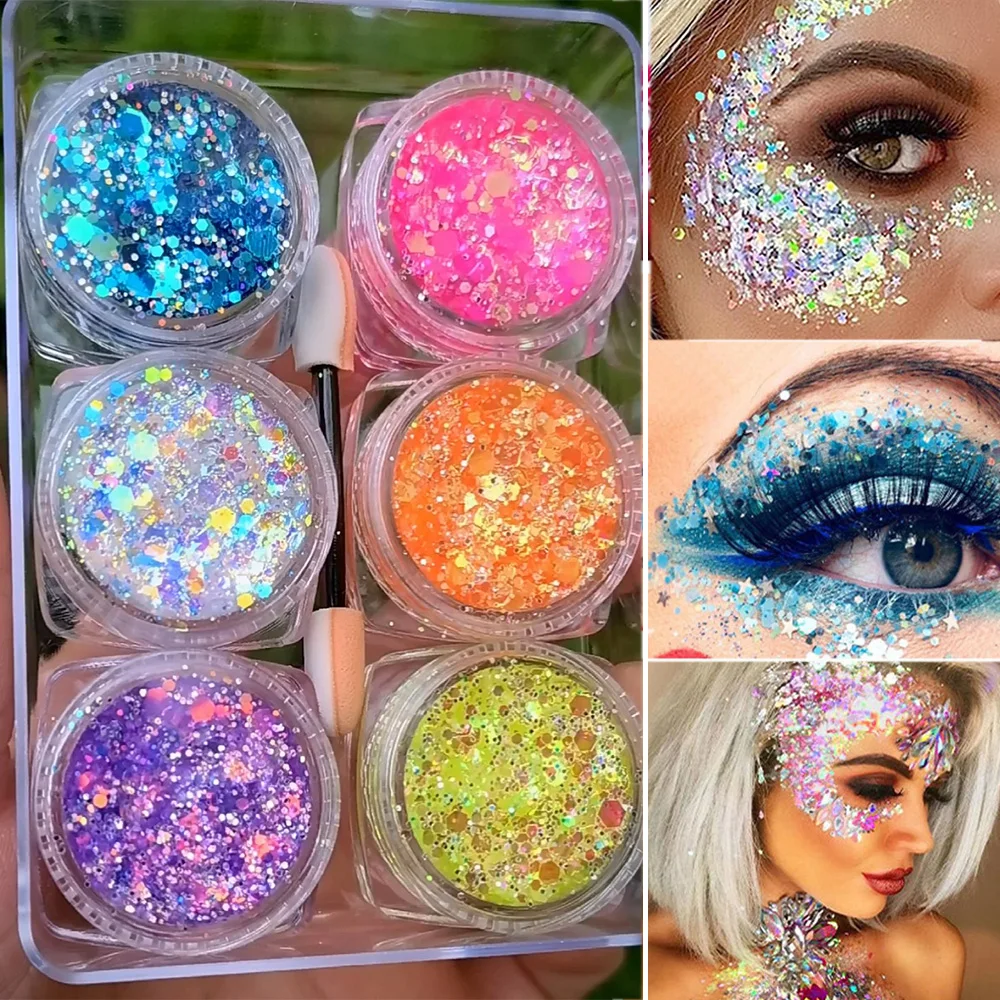 6 frascos/juego de sombra de ojos, Gel con purpurina, crema para cara, pelo, cuerpo, uñas, Gel con purpurina, corazón, estrella, Luna, lentejuelas sueltas, decoraciones de maquillaje para Festival
