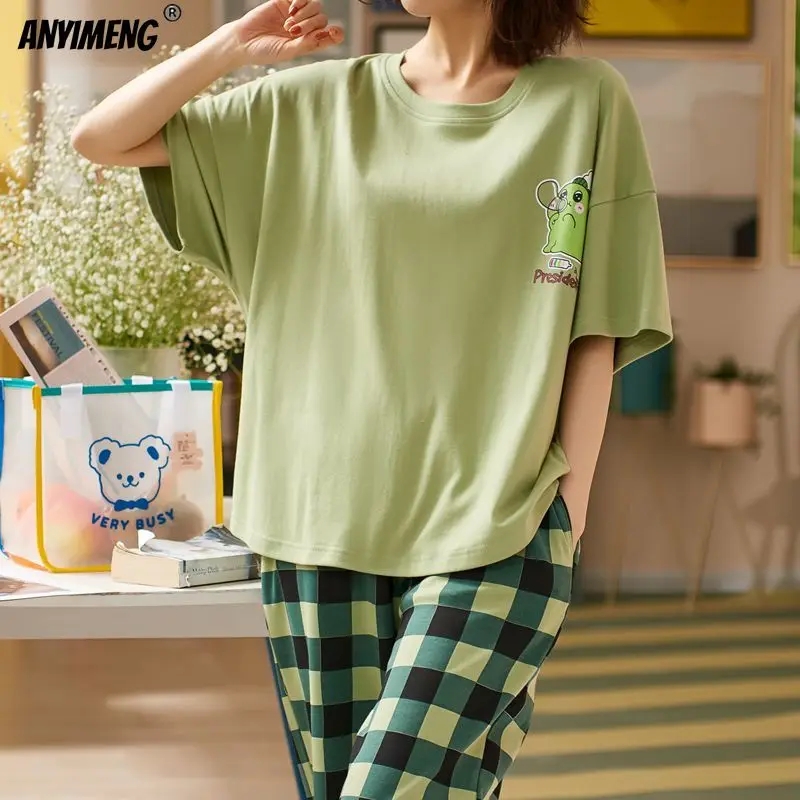 Novo pijamas de algodão dos desenhos animados para mulheres calças compridas manga curta verão primavera loungewear moda casa roupas homewear