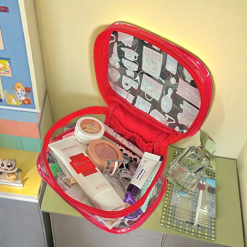Hello Kitty Make-up-Tasche, transparent, Sanrio Kawaii, tragbar, großes Fassungsvermögen, wasserdichte Hautpflege-Aufbewahrung, kosmetische Waschtasche, Handtasche