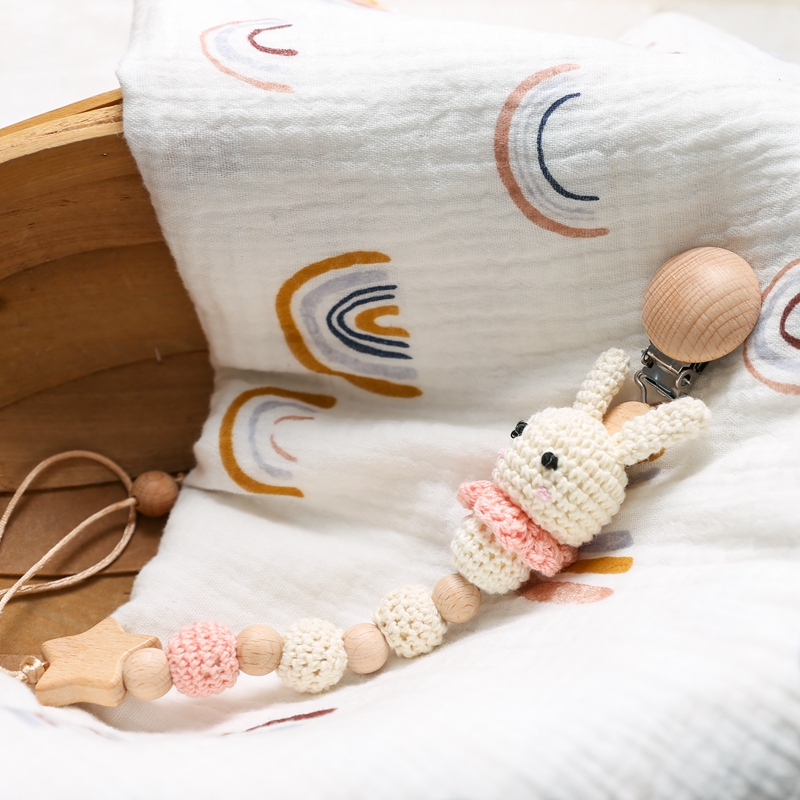 ปรับแต่ง Baby Pacifier CHAIN โครเชต์กระต่าย Pacifier คลิป BPA ฟรีซิลิโคนลูกปัด Handmade ทารกพยาบาล Teething CHAIN