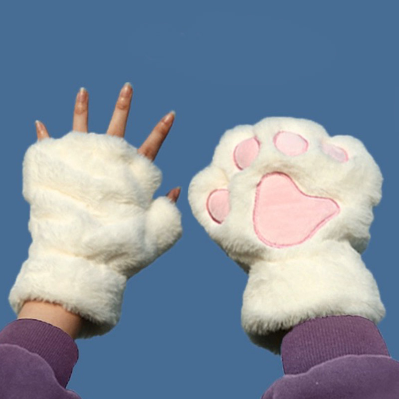 การ์ตูนฤดูหนาวถุงมือผู้หญิงตุ๊กตาหมี Cat PAW Claw ถุงมือน่ารักสั้น Fingerless Fluffy Bear Claw Mittens สําหรับสาวของขวัญ PARTY
