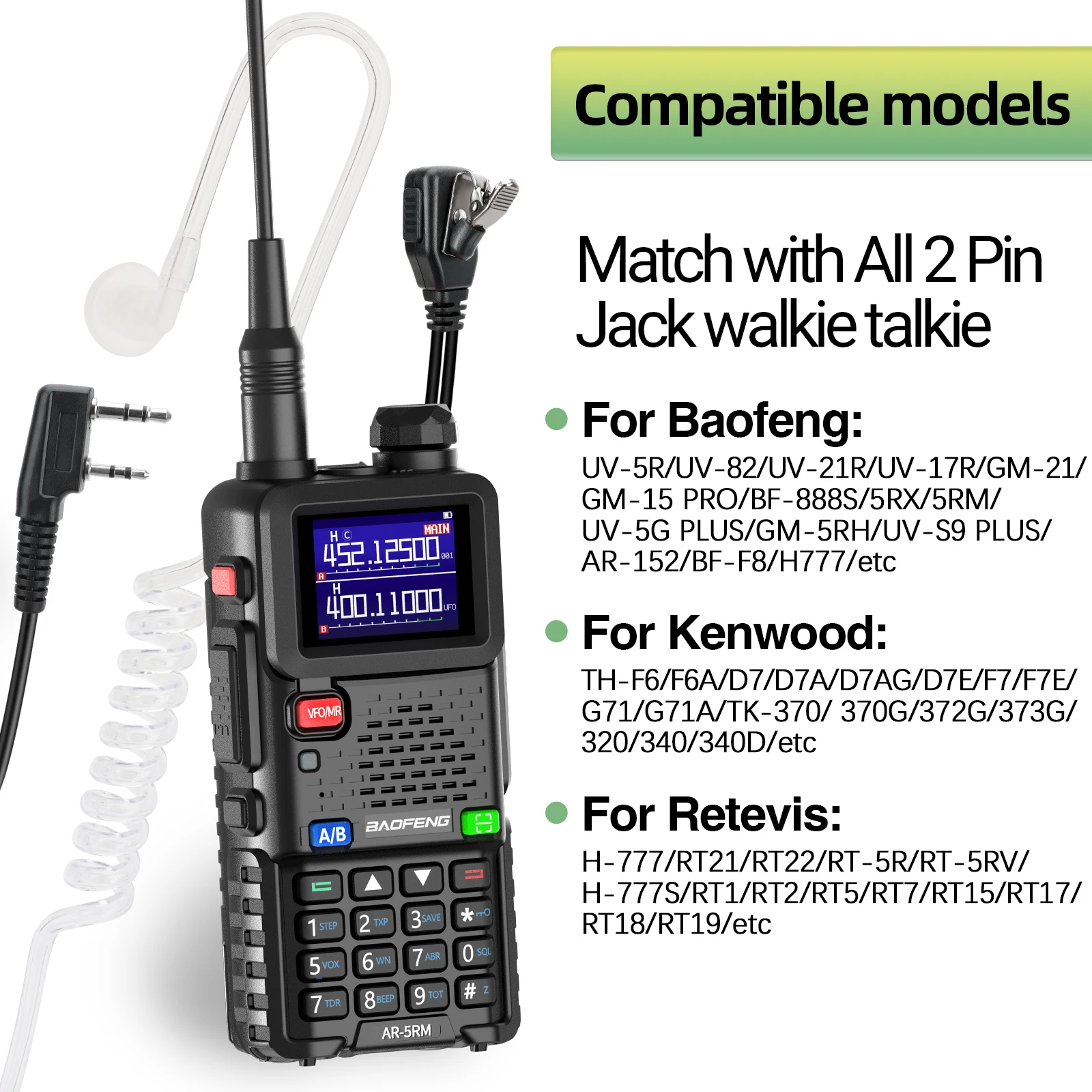 Walkie Talkie Microfoon 2-pins hoofdtelefoon Akoestische luchtbuis Oortelefoon Headsets Microfoon PTT voor UV-18Pro Kenwood UV-13 DM-1701 UV-5R Radio