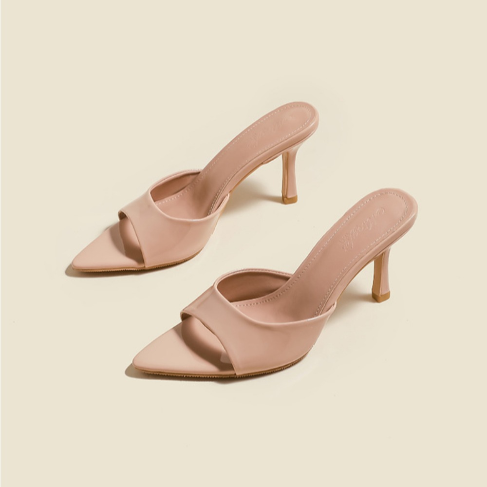 Женские тапочки, новинка 2025, летние женские тапочки на высоком каблуке из лакированной кожи на тонком каблуке с острым носком и прямым перетаскиванием