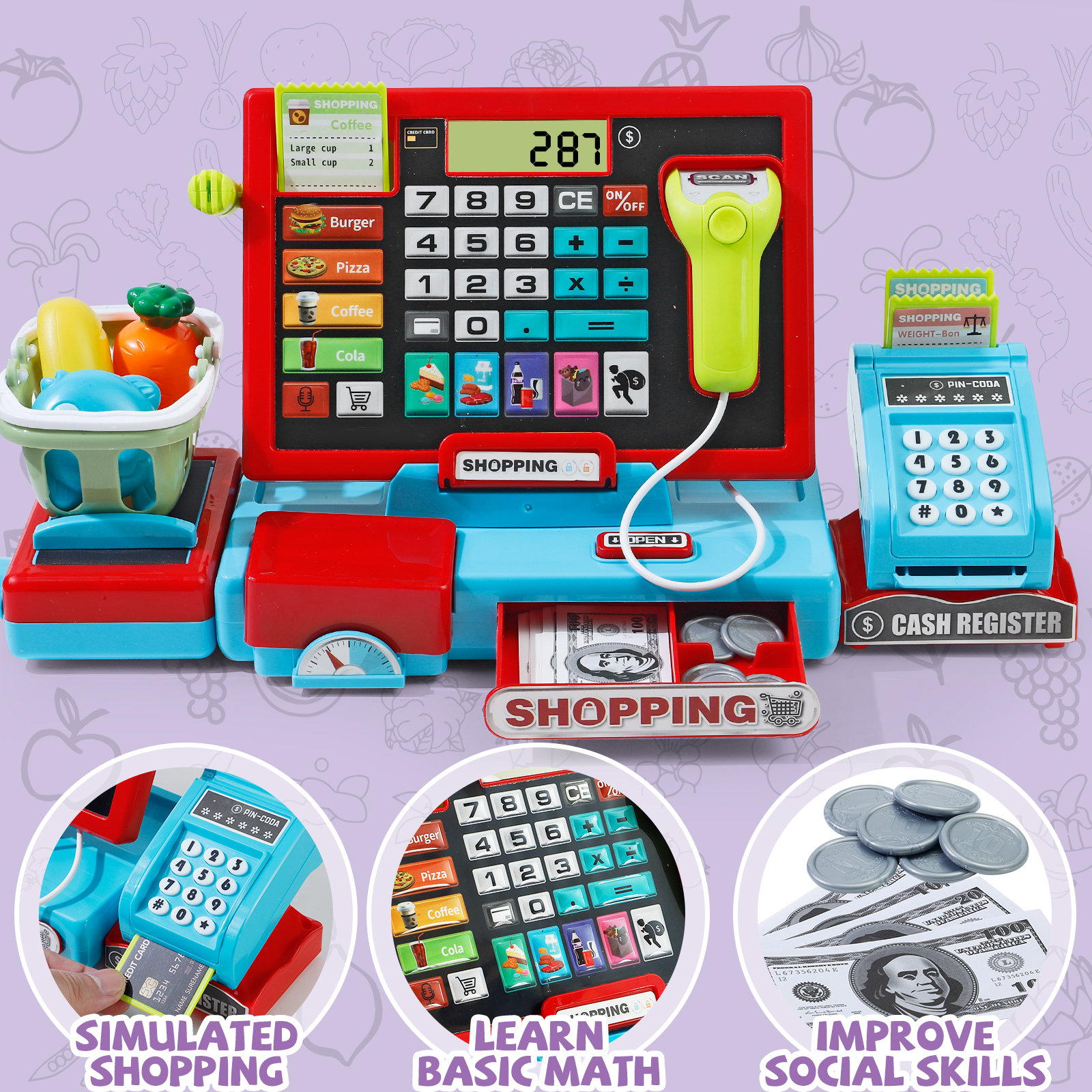 Shopping Cash Register Playset with Real Calculator, Pretend Play Store, Learning Toy, Christmas/Halloween/New Year Gift