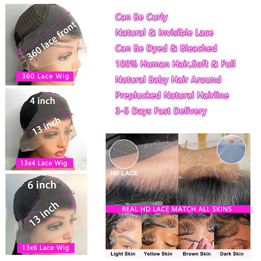 ブラジルの滑らかなかつら,自然な髪,密度250,hd,透明,30, 40インチ,13x6,4x4,女性用,360