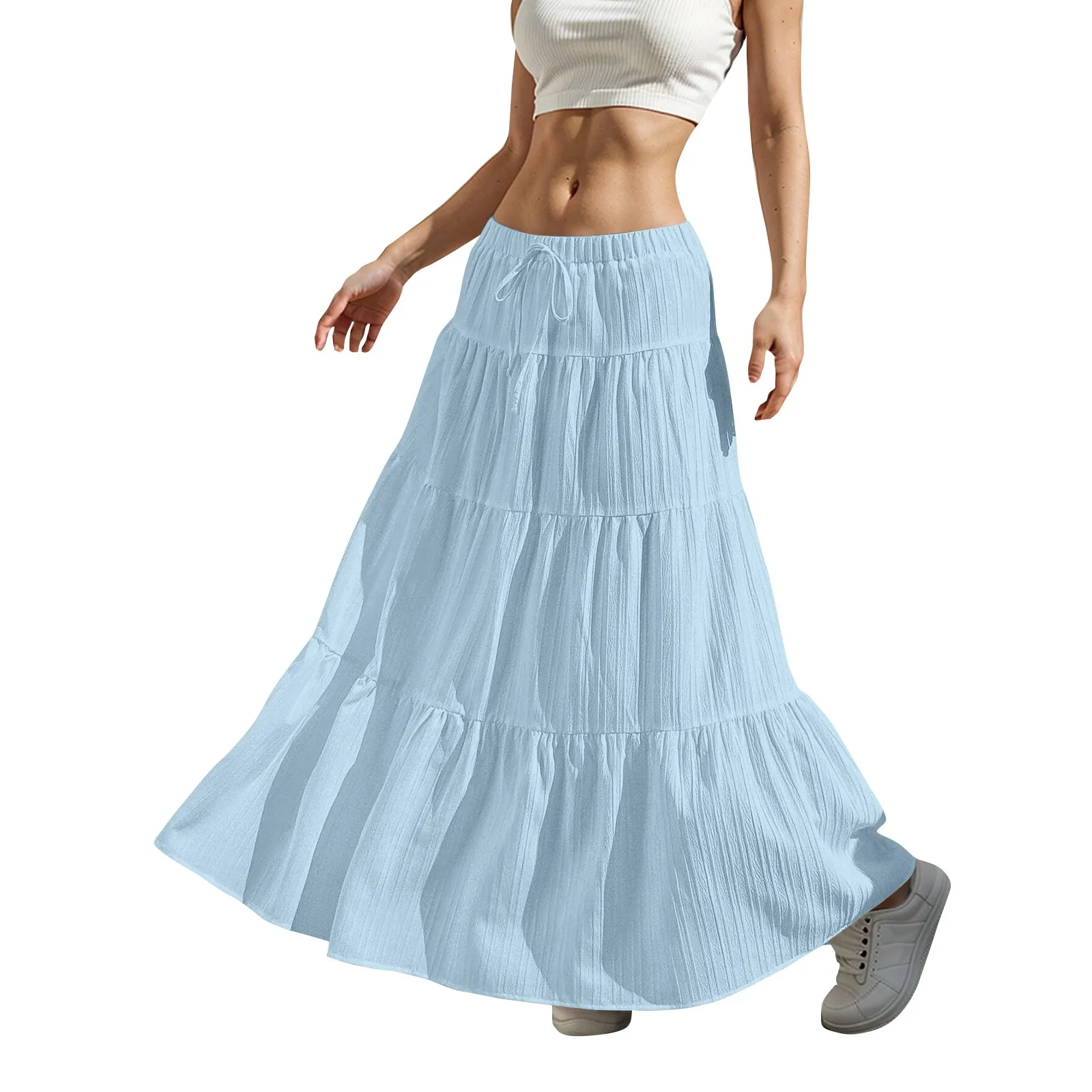ผู้หญิง Flared Ruffle Hem Maxi กระโปรงแฟชั่นผู้หญิงกระโปรงยาว Elastic เอวกระโปรงยาวฤดูใบไม้ผลิฤดูร้อนชุดเค้ก