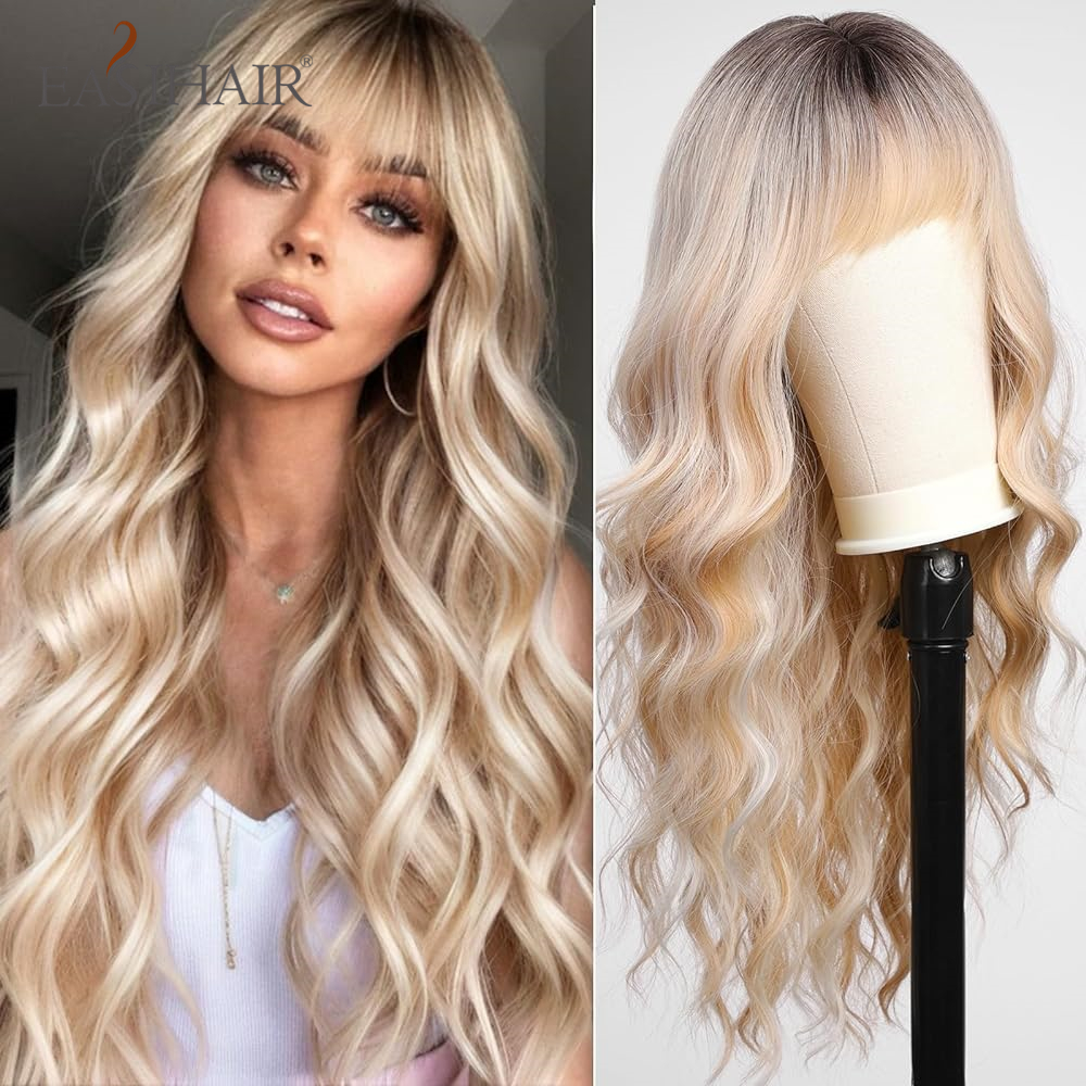 Pelucas sintéticas largas rubias degradadas y marrones, pelucas de platino onduladas con agua y peluca de pelo con flequillo para mujeres, fiesta de Cosplay diaria resistente al calor