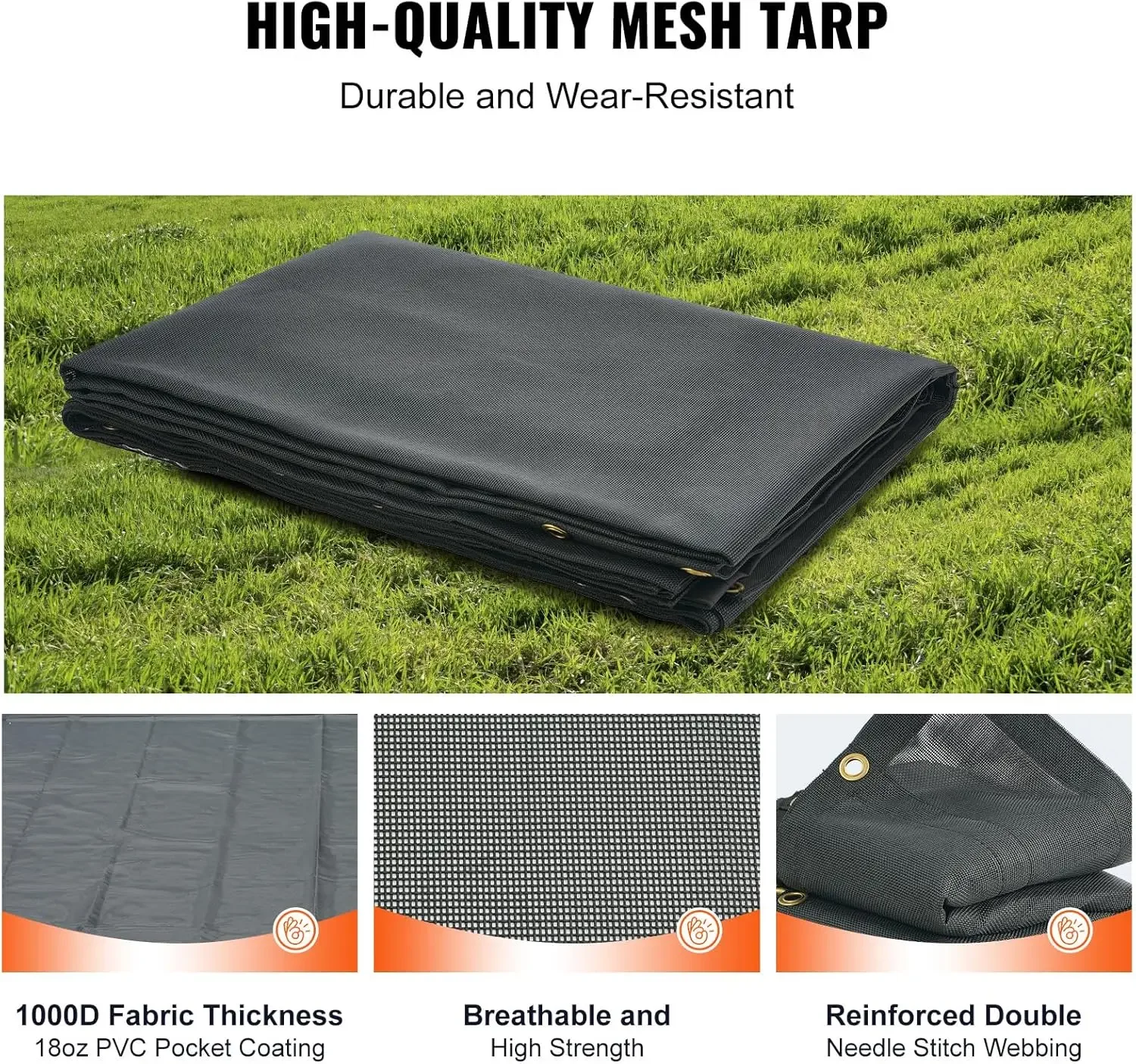 Dump Truck Mesh Tarp, 7.5x18 ft, PVC Coated Black Heavy Duty Cover with 5.5" 18oz Double Pocket