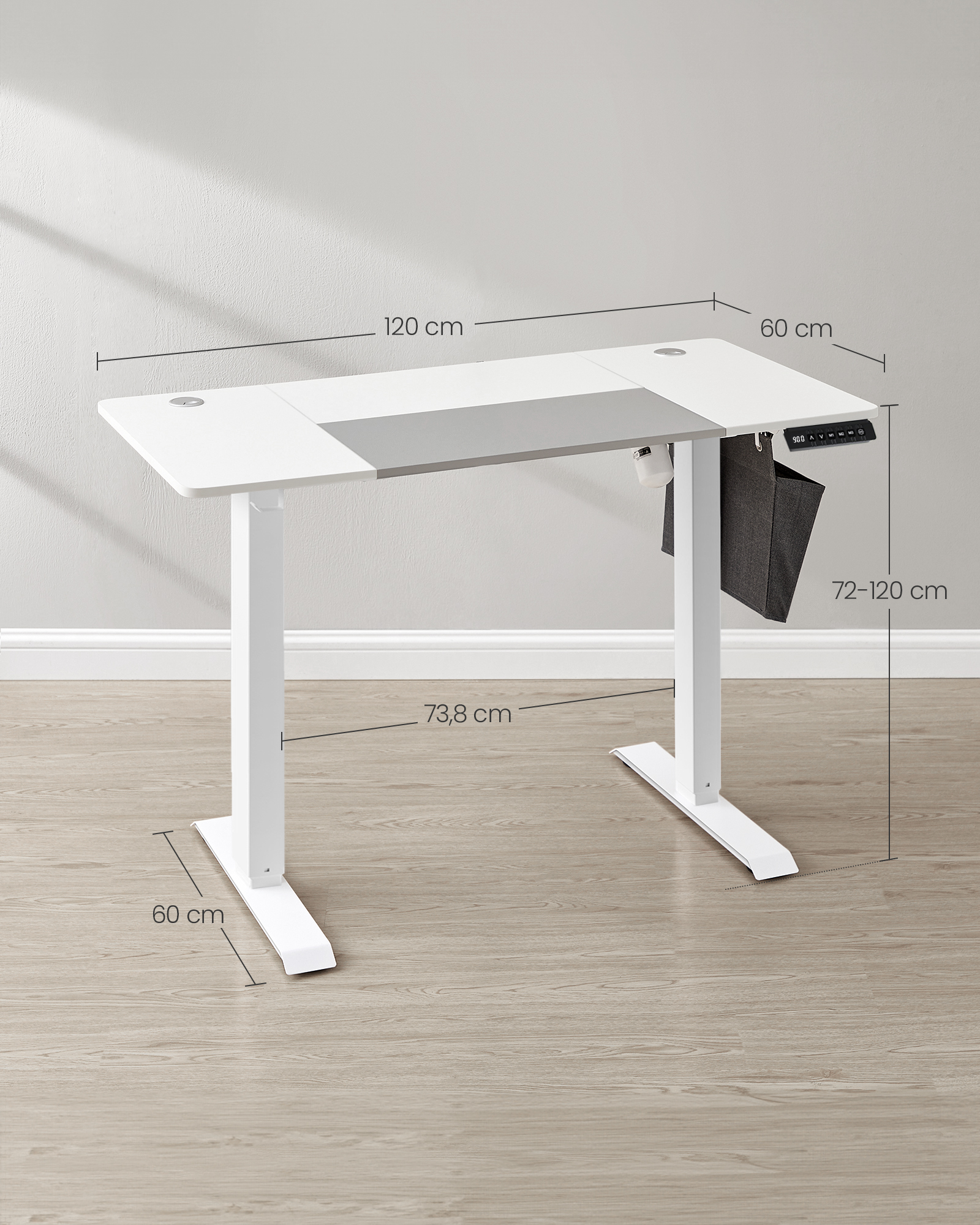 SONGMICS In hoogte verstelbaar bureau elektrisch, 60x120 x (72-120) cm, continu verstelbaar, gesplitste plaat