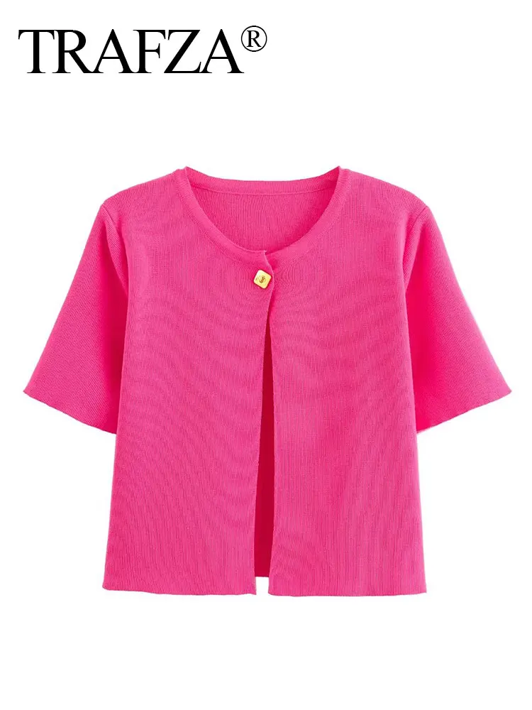 Trafza เสื้อโค้ทคาร์ดิแกนสีพื้นหรูหราสำหรับผู้หญิงแจ็คเก็ตแขนสั้นกระดุมโลหะบาง Baju rajutan Y2K ครอปเสื้อนอก