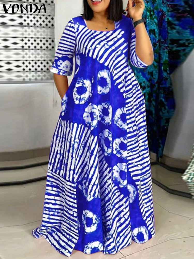Plus Größe Frauen Bohemian Maxi Kleid 2025, Sommer Gedruckt Lange Sommerkleid VONDA Strand Party Vestidos Halbe Hülse Beiläufige Lose Robe