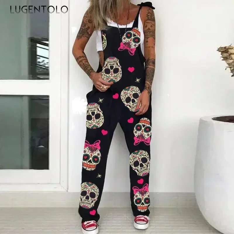 Schädel druck Lätzchen Overall Overall Frauen Hosenträger lässig Frühling Sommer weiblich ärmellose neue Mode große Größe 5xl Streetwear