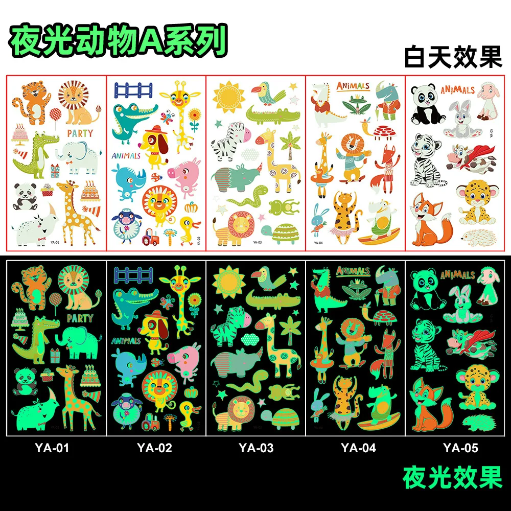 Autocollants de tatouage lumineux temporaire coloré Animal sirène dinosaure licorne espace mignon autocollants de tatouage corps des enfants 5 pièces/ensemble