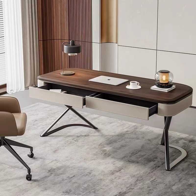 Mesa de madeira maciça de alta qualidade, moderna e minimalista, sala de estar, folheado de nogueira, couro, estudo, computador