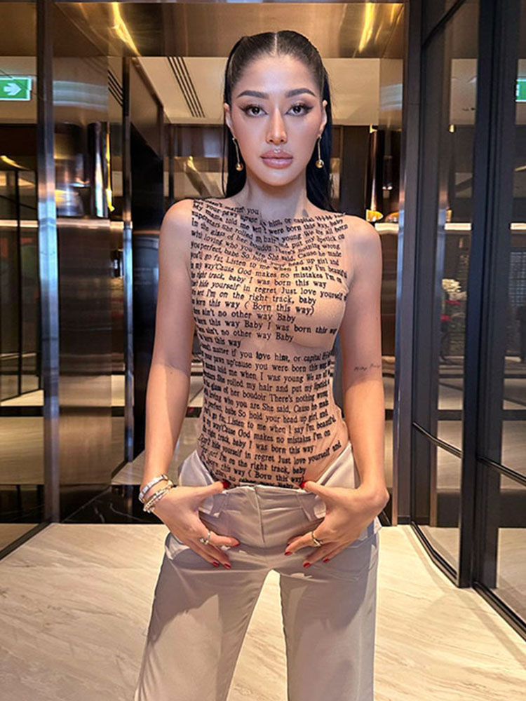 Moda moda cuello redondo sin mangas tanque malla Sexy artículo estampado Slim Casual Top mujeres Hipster Wear