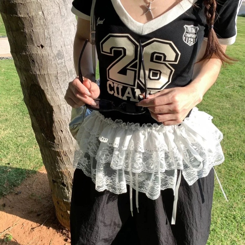 여성 Y2K 한국어 레이스 미니 레이어드 스커트 streetwear 레이스 업 프릴 하라주쿠 하이 웨이스트 플리츠 여성용 jupe 스커트 의류