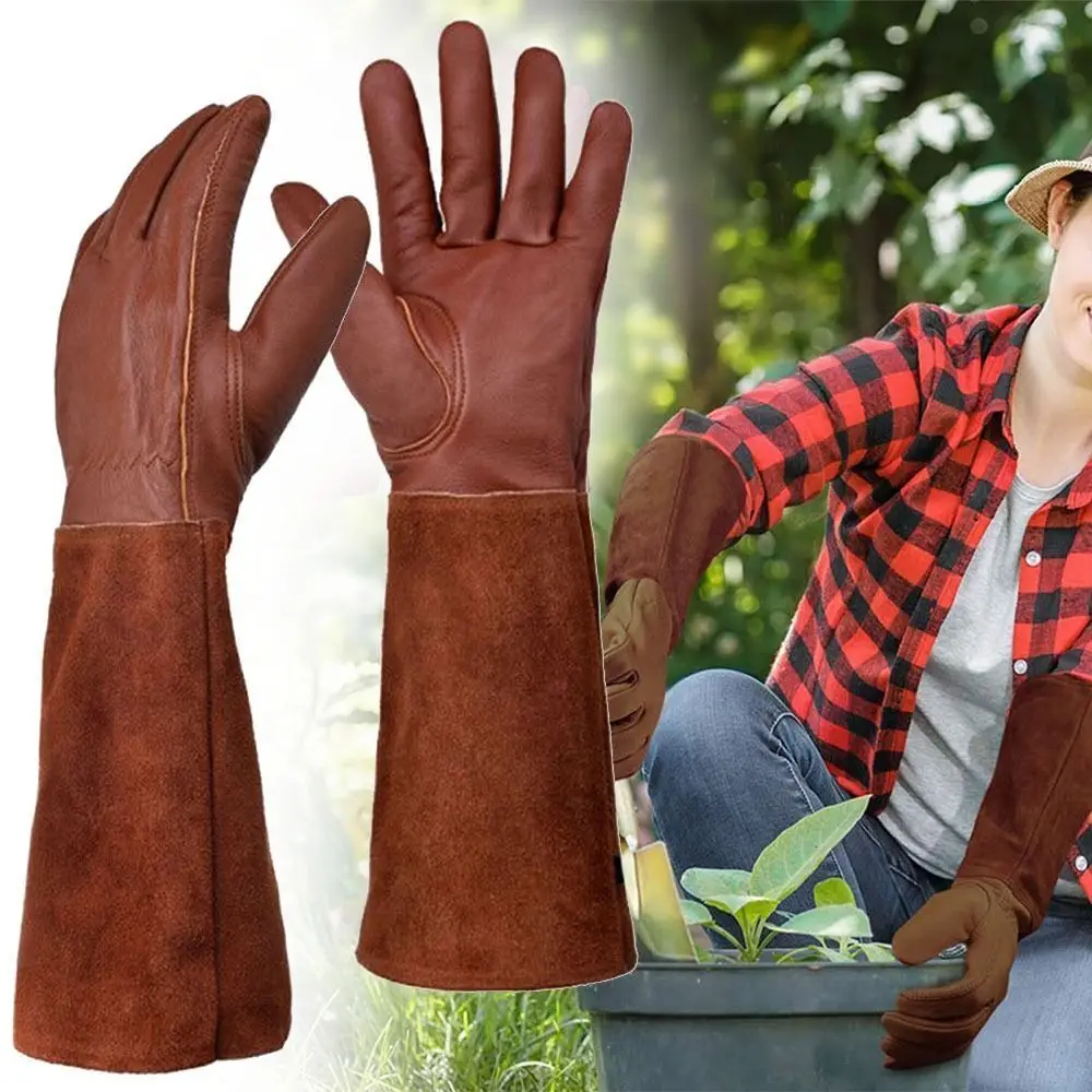 Guantes de trabajo de seguridad de jardinería de tubo largo, Guante de cuero transpirable, guantes de poda, guantes de trabajo protectores industriales de jardín