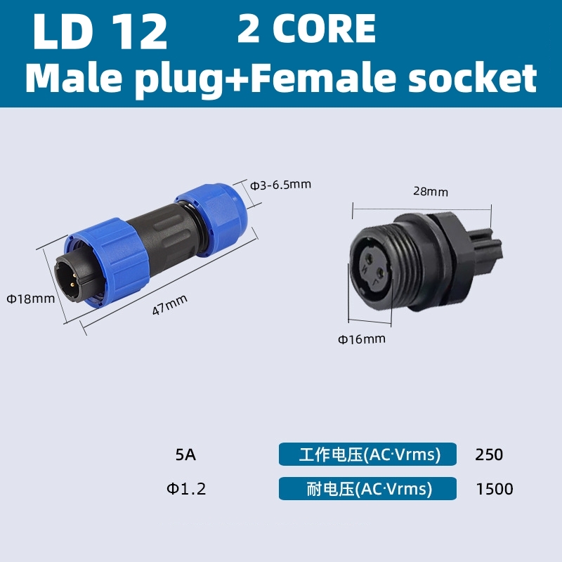 LD12/16/20/28 Lötfreier IP68-Luftfahrtstecker 2/3/4/5/6/7/9 Pin – Muttermontage-Buchse für Solar/Marine/Automobil/LED