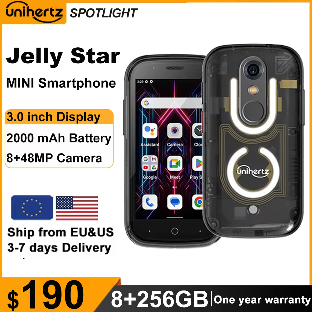Unihertz Jelly Star Mini Smartphone Android 13 8GB 256GB Luz Led Desbloqueado Transparente Backshell Celulares 48MP Telefone de 3 polegadas