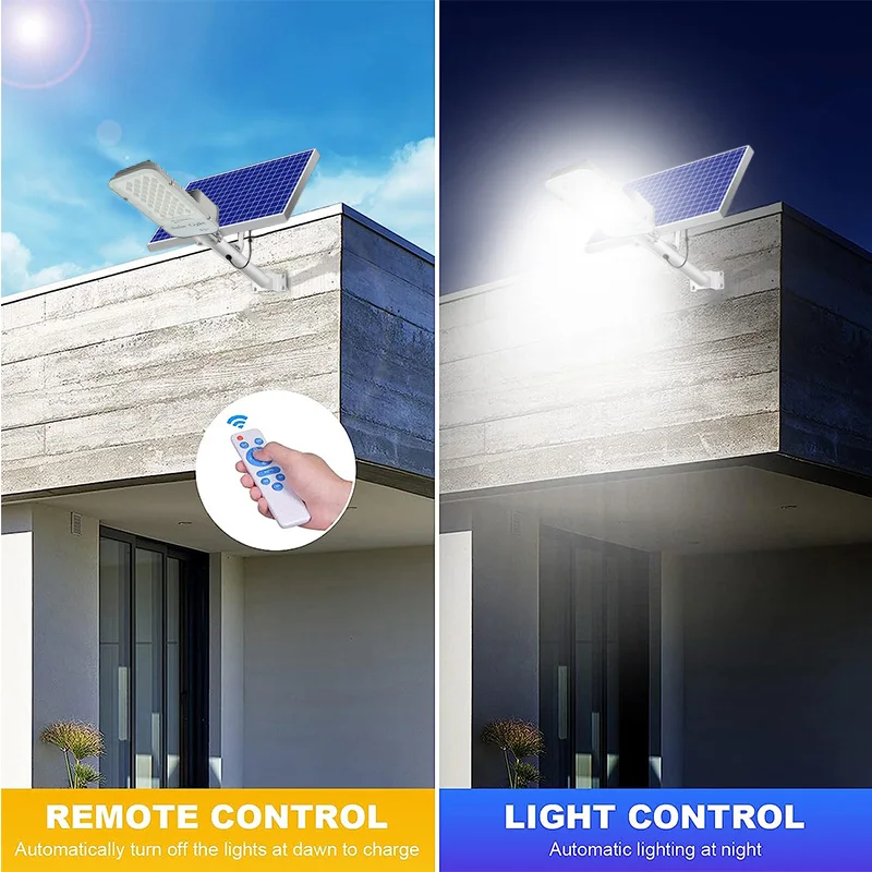 250W ไฟ LED พลังงานแสงอาทิตย์สวนกลางแจ้งกันน้ําไฟถนนพลังงานแสงอาทิตย์ Dusk TO Dawn พร้อมรีโมทคอนโทรล IP65 โคมไฟติดผนังพลังงานแสงอาทิตย์