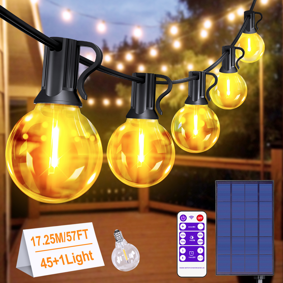 17,25 m/15,5 m G40 LED-Solar-Lichterkette mit Fernbedienung, IP44 wasserdicht, dimmbar und 8 Blinkmodi für Garten, Party
